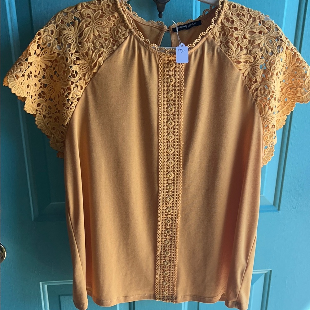 Cable & Gauge Mustard Lace-Sleeve Blouse with Center Crochet Panel